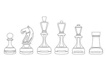 Chess pieces of black outline figures isolated on white background in flat style. Chess game icon set. Vector stock illustration