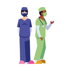 Man and woman doctor with uniforms and masks vector design