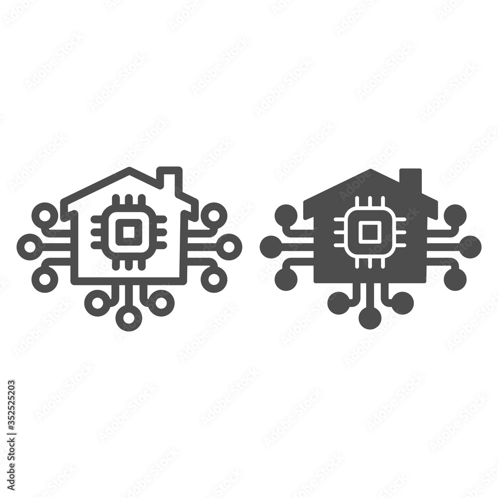 Poster microchip in building and connections line and solid icon, smart home concept, technology vector sig