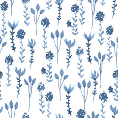 Watercolor wild flowers in navy blue. Seamless floral pattern - 352525413