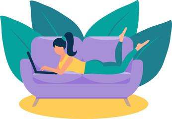 girl with laptop lies on the purple sofa. Bright colours, green trousers, yellow T-shirt and carpet. Freelance or studying concept. Remote work. Cute illustration in flat style.