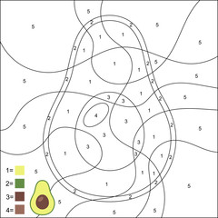 Coloring page with numbers for kids. Avocado