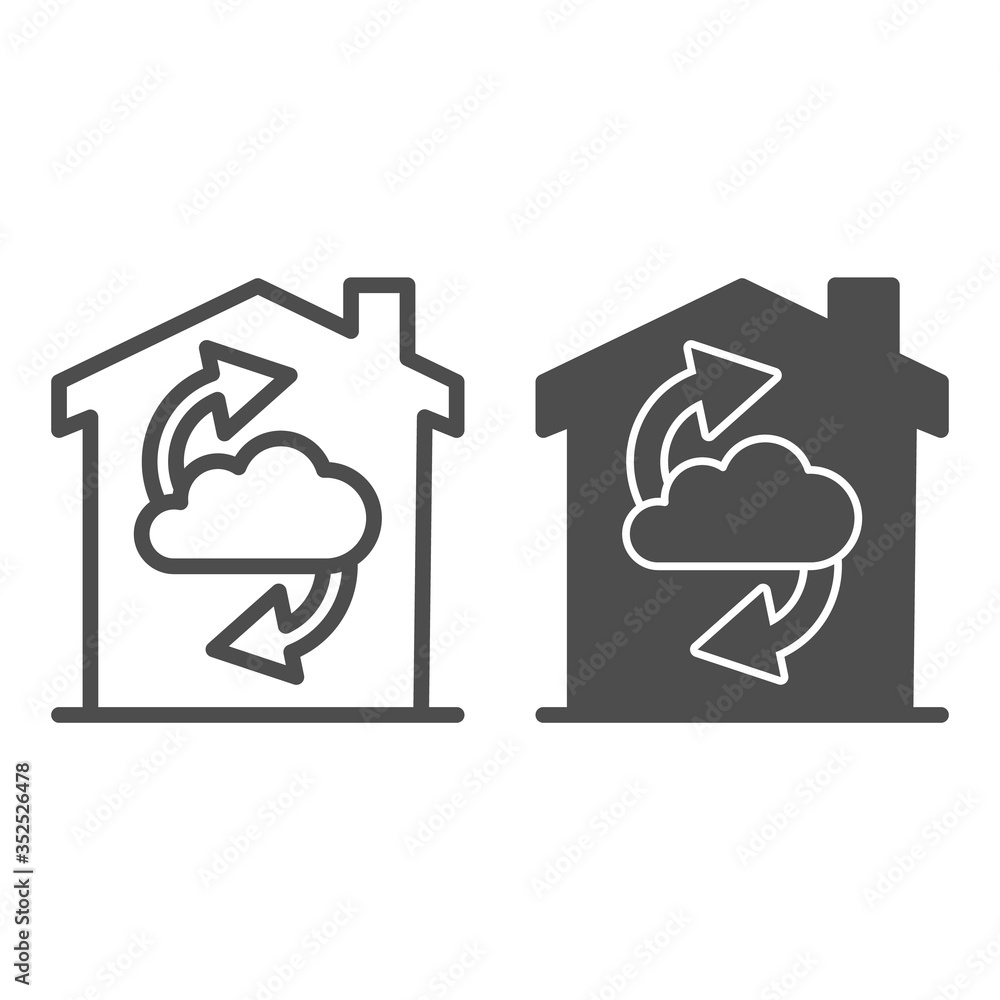 Poster cloud with arrows in building line and solid icon, smart home concept, home cloud storage vector sig