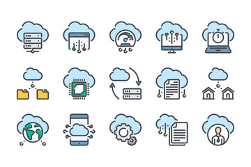 Cloud Computing and Cloud Services related color line icon set. Cloud Data and Server colorful linear icons. Cloud Technology flat color outline vector sign collection.