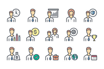 Business People related color line icon set. Team work colorful linear icons. Working staff and Profile Settings flat color outline vector sign collection.