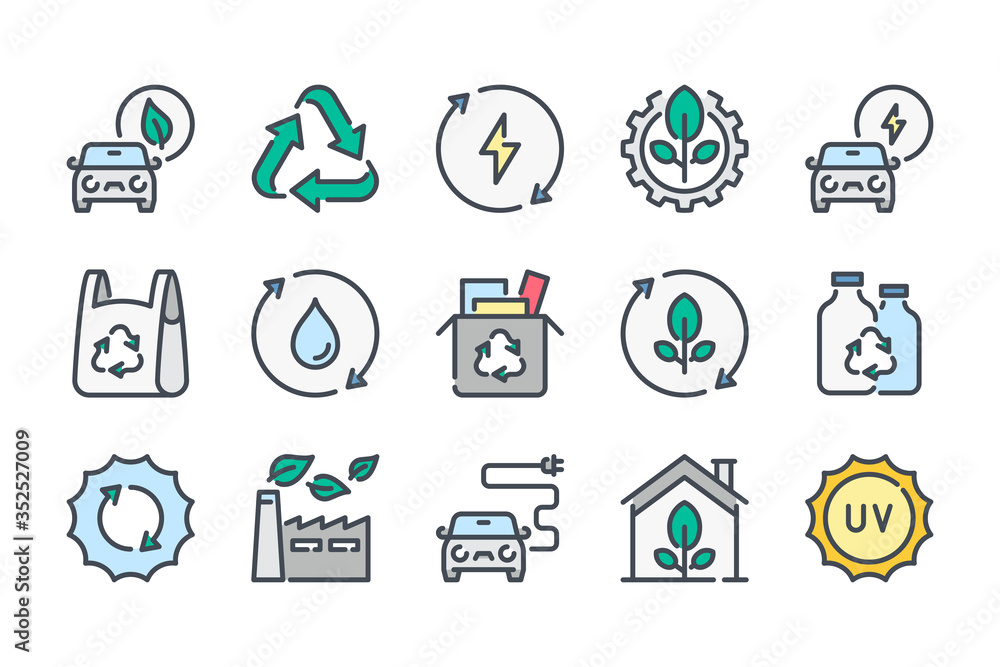 Poster ecology and environment related color line icon set. recycle and nature care colorful linear icons. 
