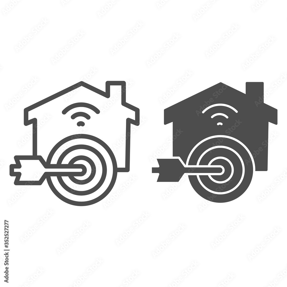 Poster arrow in target at building line and solid icon, smart home concept, goal to automate and connect ho