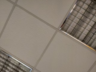 White tiles and troffer light fixtures in a suspended ceiling