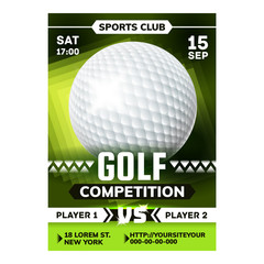 Golf Sportive Game On Meadow Flyer Poster Vector. Golf Ball And Club Golfer Player Sportive Equipment For Playing On Green Grass Field. Competition Concept Template Color Illustration