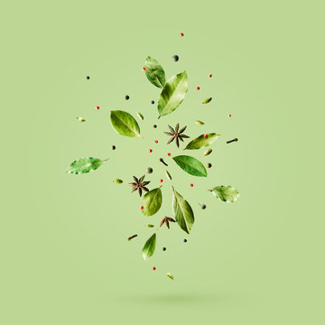Creative mockup with flying various types of spices Bay leaf, red pepper, anise on green background with copy space.