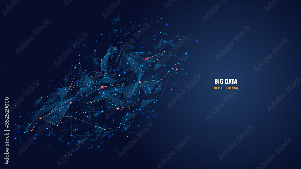 Poster Vector abstract futuristic image of artificial intelligence connectivity. Low poly mesh looks like stars or space. AI technology, network, big data analysis concept with lines, dots and blue particles