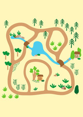 Country landscape with trees, river, bridges and lake. Little house. Play Mat, Board game, poster for children's room. Hand-drawn vector illustration for decoration