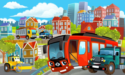 Obraz na płótnie Canvas cartoon happy and funny scene of the middle of a city with cars driving by illustration