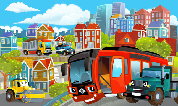 cartoon happy and funny scene of the middle of a city with cars driving by illustration