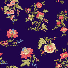 Fototapeta na wymiar Seamless pattern with stylized ornamental flowers in retro, vintage style. Jacobin embroidery. Colored vector illustration on blue background.