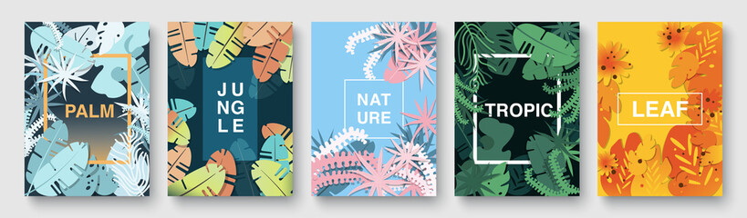 Set of Tropic Palm Posters. Summer Card Design Brochures. Covers Template Design. Exotic Leaves & Flowers Background. Fashion Collection of Floral Flyers, Greeting & Invitation Banners. Vector EPS 10