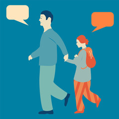 Father and daughter walking and talking, vector illustration of father and daughter with speech bubbles. Daughter with backpack. Going to school. 