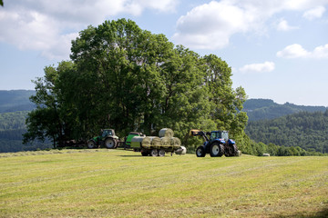 Fototapeta premium Landschaftspflege in der Landwirtschaft, Heuernte mit Maschinen, erster Grasschnitt , Rundballen werden verladen.