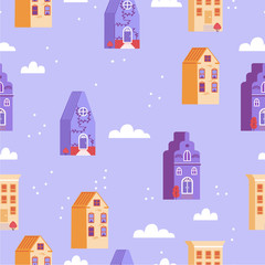 Romantic pattern with old-fashioned town houses on a purple background in the clouds