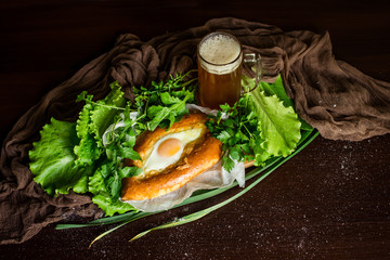 
Grocery with beer and khachapuri. Top view.