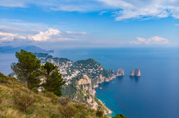 Aerial drone view of Capri island. Sunny summer day. Italy landscape