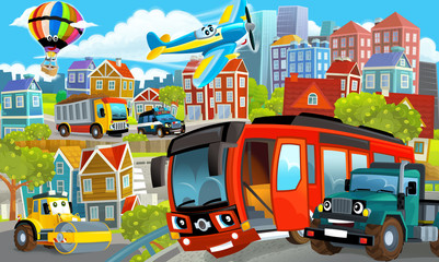 Obraz na płótnie Canvas cartoon happy and funny scene of the middle of a city with cars driving by illustration