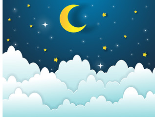 Fototapeta na wymiar night sky with stars and moon. paper art style.Vector of a crescent moon with stars on a cloudy night sky. Moon and stars background.Vector EPS 10.