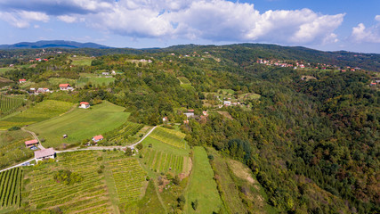 Spectacular countryside aerial view of many fields and vineyards.