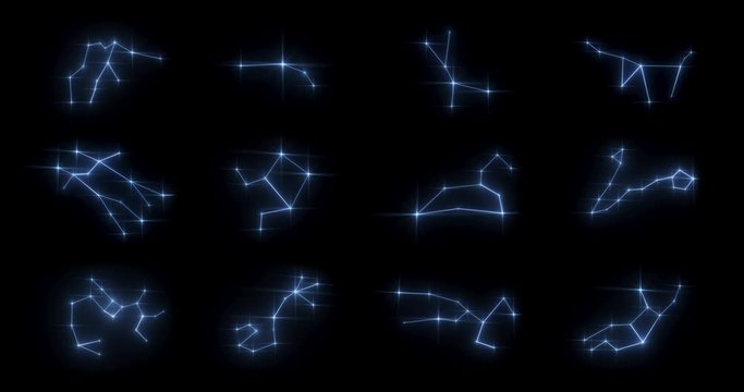 All twelve signs of the zodiac constellations form against a star background