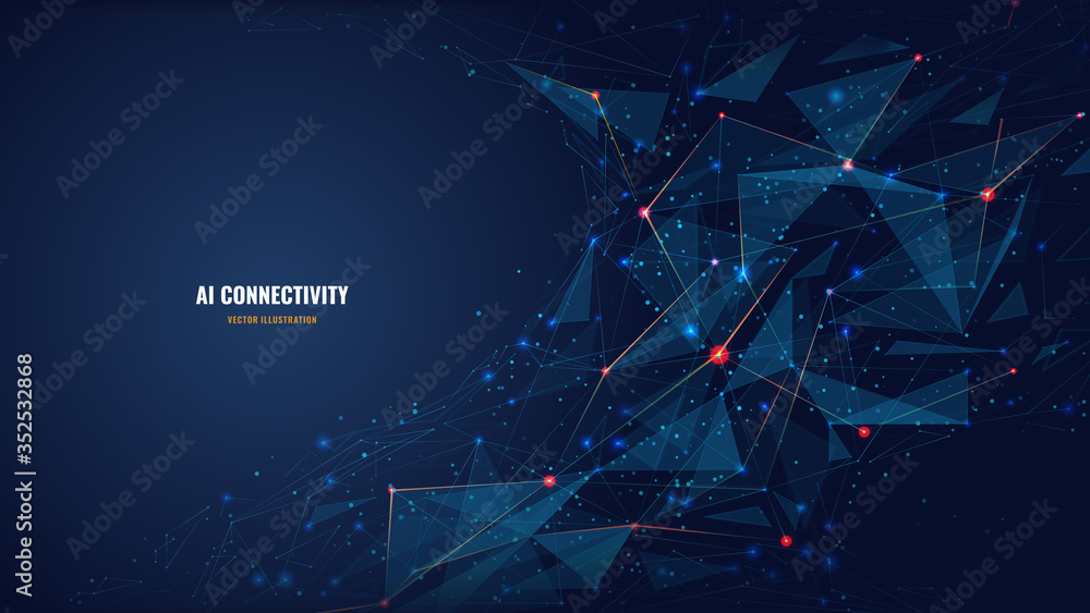 Poster Abstract polygonal background from lines, dots and glowing particles with plexus effect. Artificial intelligence connectivity or technology concept. Digital vector mesh illustration in dark blue 