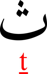 Black Arabic Alphabet Letter THA with Red Latin Alphabet Transliteration on White Background