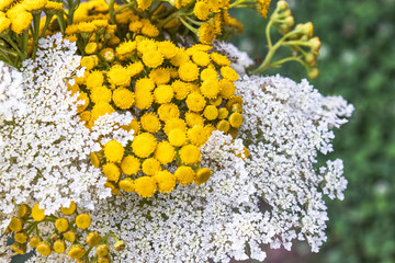 Bouquet with medicinal plants grass yarrow and tansy.