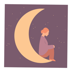 Girl sitting on the moon. Vector illustration. 