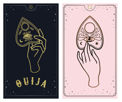 Tarot cards Bohemian hand Planchette Ouija, which consists of the image of the eyes of Providence. Magic, esoteric philosophy, tattoo. Isolated vector illustration.