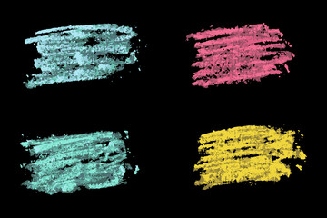 Set of grunge blue, green, pink and yellow chalk texture stripe brush on black background