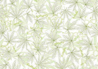 Cannabis leaves and cbd, cannabidiol formula seamless pattern, background. Vector illustration in green colors. Isolated on white background.