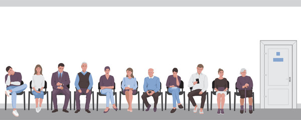 People sitting on chairs in corridor and waiting in the queue turn the door