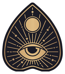 Ouija planchette with eye of providence line art, vector illustration isolated on white. Sketch style hand drawn. Element for halloween or pagan witchcraft theme.