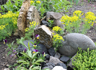 A small stone hill with beautiful flowers.