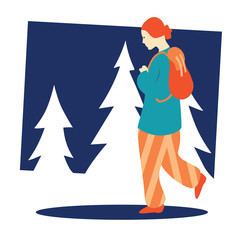 Girl walking with backpack. Vector illustration.