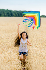 Little girl runs in a wheat field with a kite in the summer. Well-planned and active weekend. Happy...