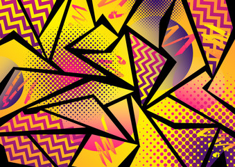 An eighties/nineties 80's/90's style vibrant orange, pink and purple pop art effect design with zig zag, halftone and gradient elements