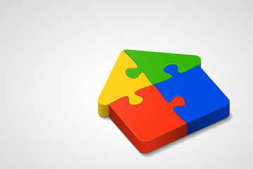 Jigsaw puzzles are combined together and have shape of whole house