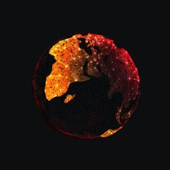 Digital low poly Earth isolated in black background. Orange continents look like fire. Planet covered by virus COVID-19. Pandemic or epidemic concept. Abstract vector illustration with lines and dots