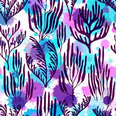 Coral reef seamless pattern., Tropical coral reef bush silhouette elements.