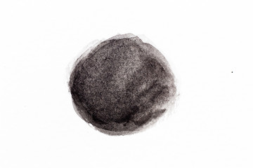 Black color watercolor drawing in round brush or banner shape on white paper background