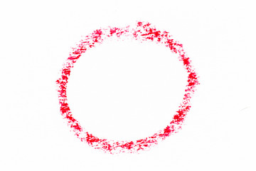 Red color oil pastel drawing in circle or round shape on white paper background