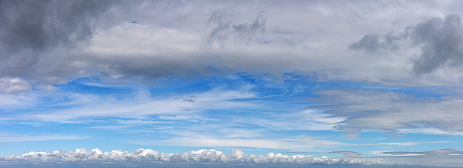 Sky with dramatic black and white clouds. Scenic panorama sky background with copy space.