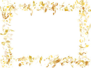 Holiday realistic gold confetti flying on black background.