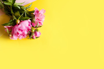 Top view of beautiful pink peonies on yellow background, copy space